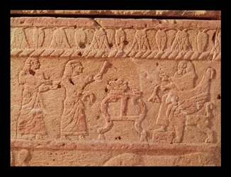 Relief depicting servants paying homage to the king, detail of the Sarcophagus of Ahiram, King of Byblos